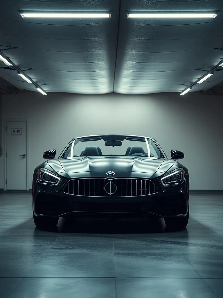 High-end convertible car parked in a minimalist garage with