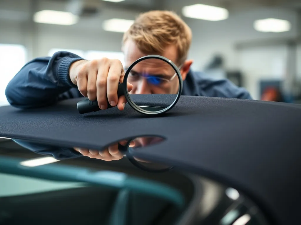 Professional inspecting a car roof with a magnifying glass,