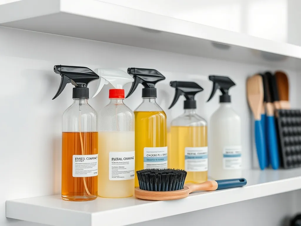 Professional car detailing spray bottles and brushes on a cl