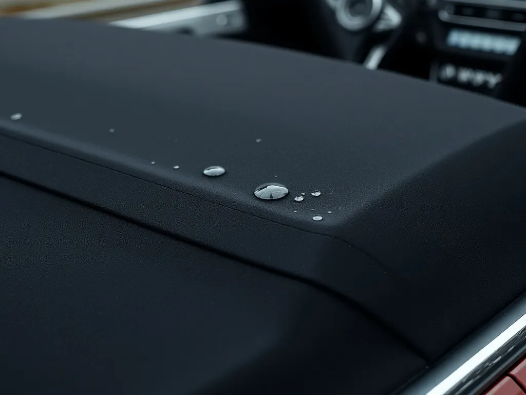 Close up of black textile convertible car roof with water dr