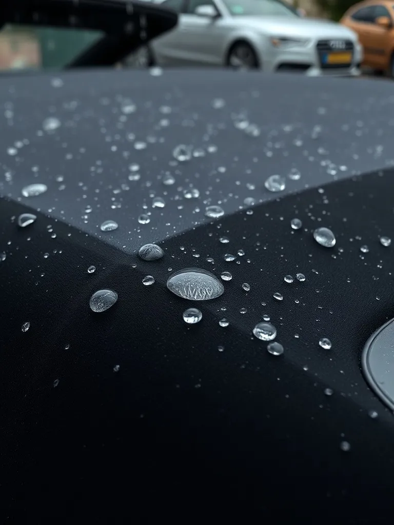 Close-up of water beads rolling off a high-quality dark fabr